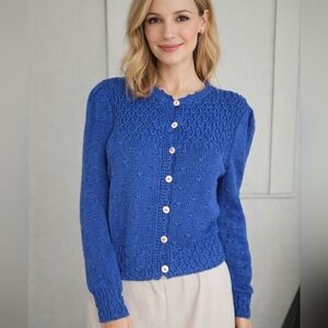 Vintage ALLEN SOLLY Hand Knit Heritage Cardigan. Cobalt Blue. Size Small